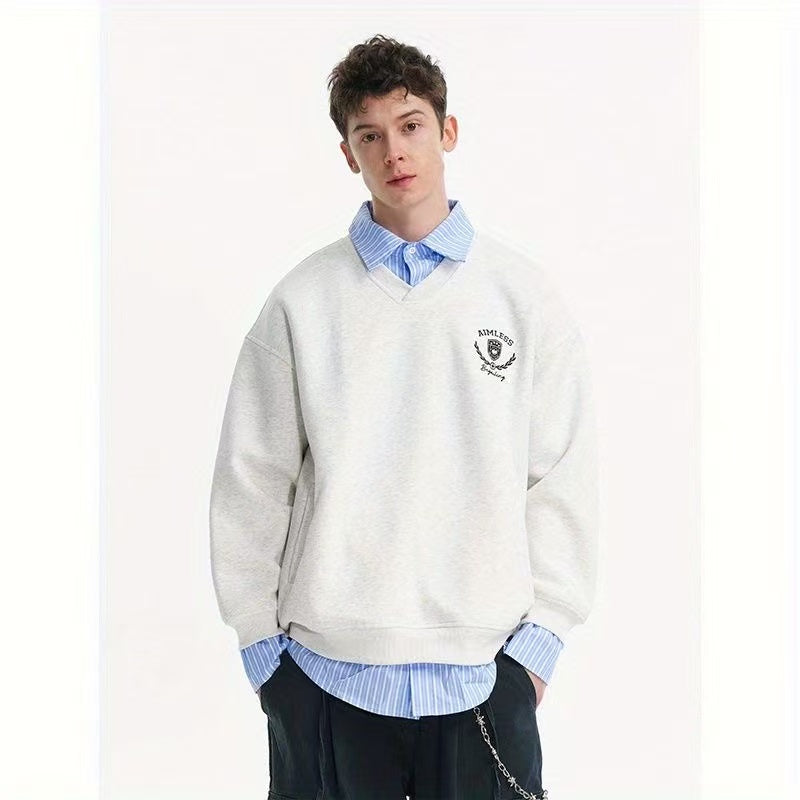 Unisex retro-style faux two-piece plaid patchwork collared sweatshirt