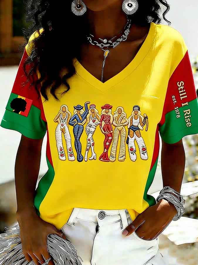 Women's Feminist Slogan Juneteenth Print V-Neck Top