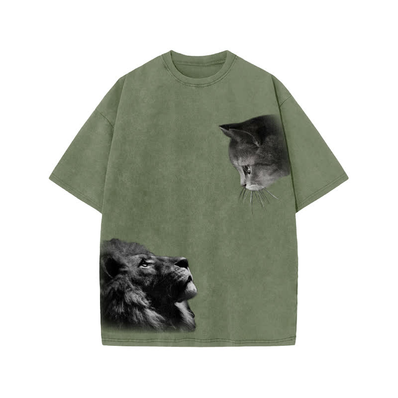 Unisex 100% Cotton Lion And Cat Print Acid Washed T-shirt