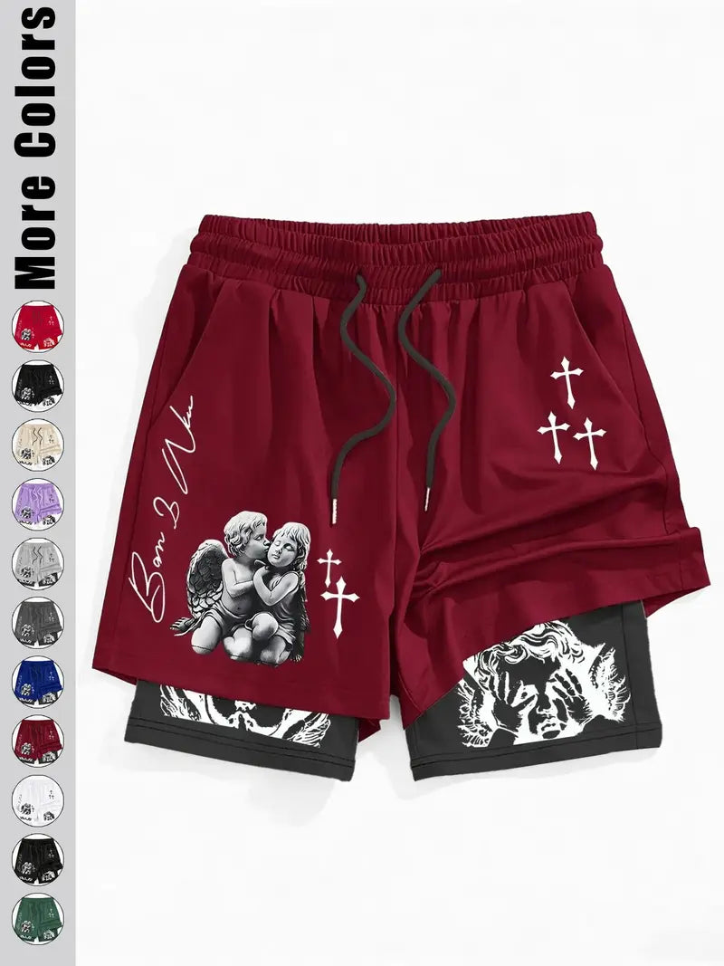 Unisex Angel Cross Print Double Layer Shorts