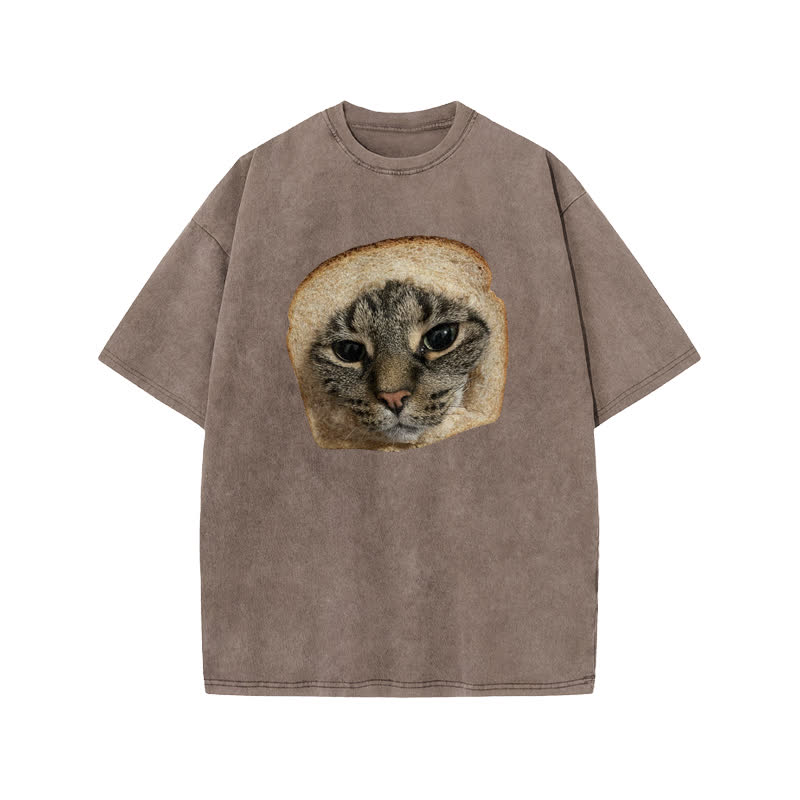 Unisex Toast Cat Print Acid Washed T-shirt