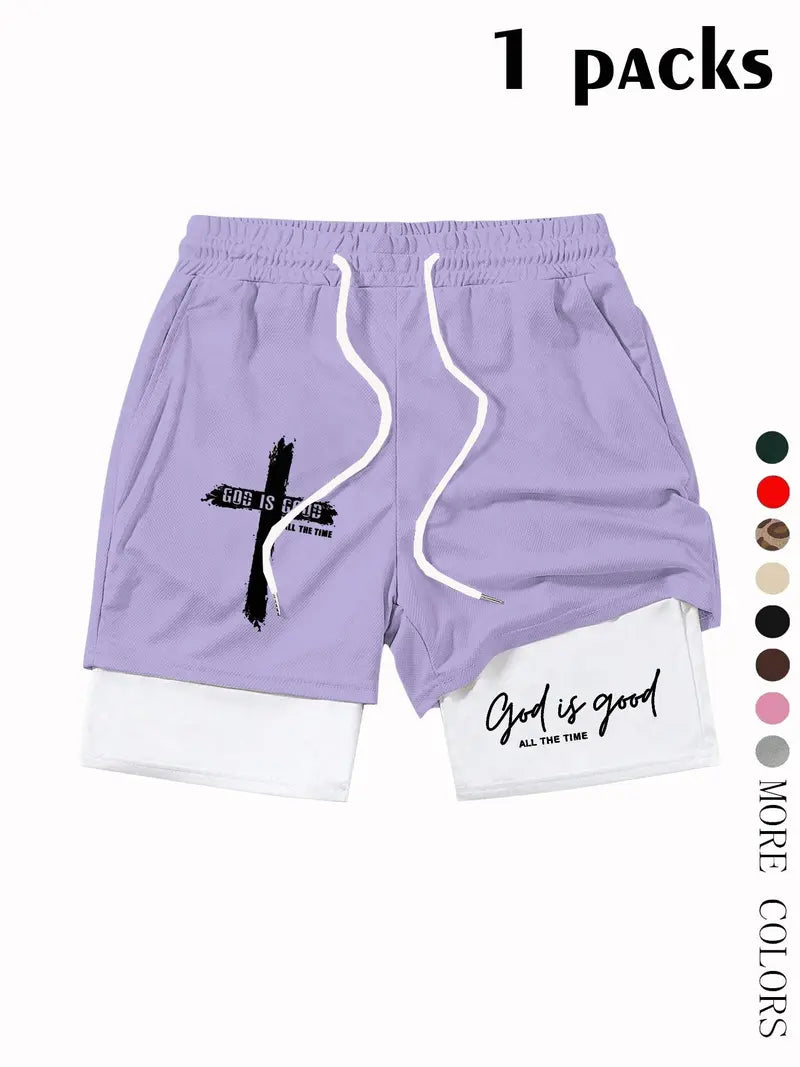 God Is Good Print Drawstring Waist Shorts