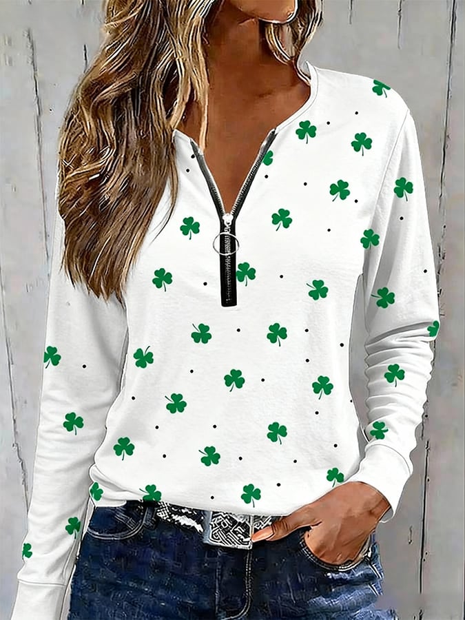 Women's offline St. Patrick's Day clover zip-up sweatshirt