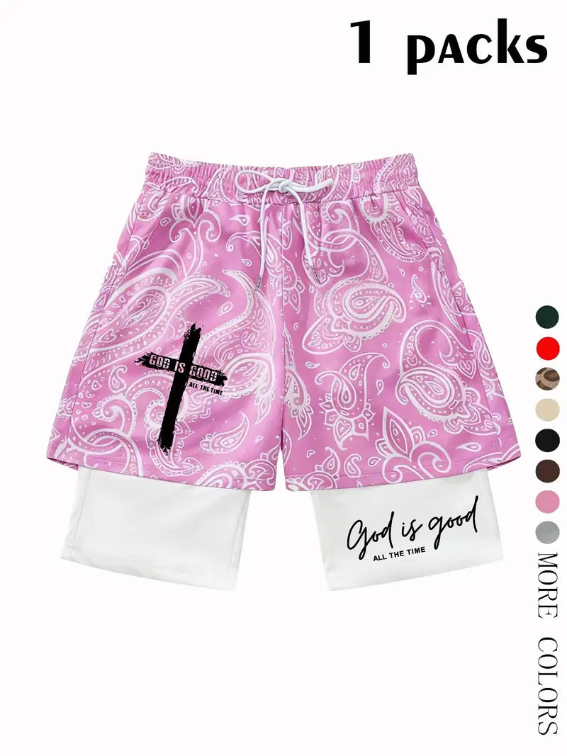 God Is Good Print Drawstring Waist Shorts