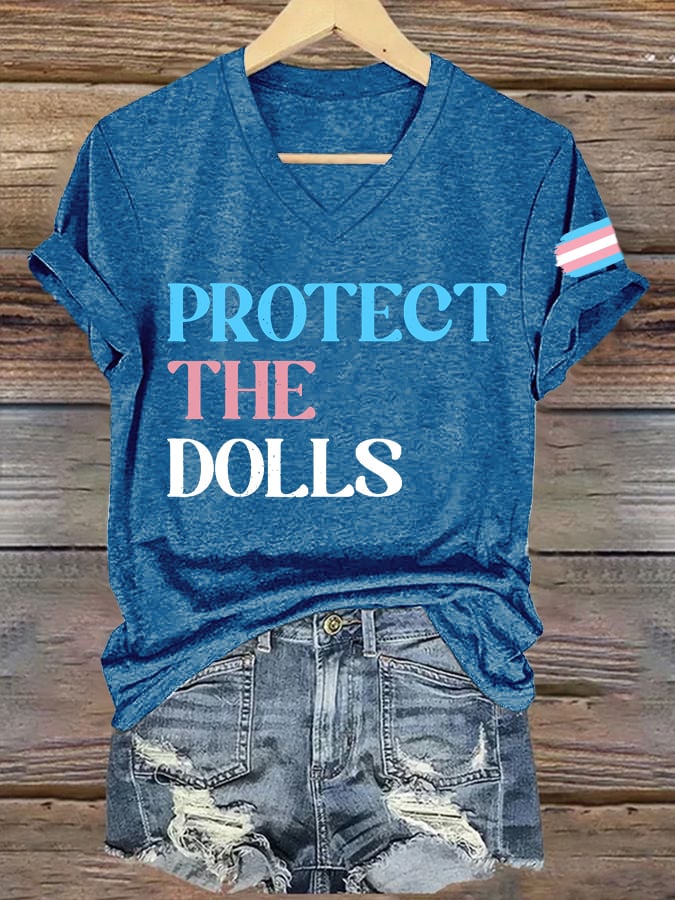 Women's Protect The Dolls Printed V Neck T-shirt