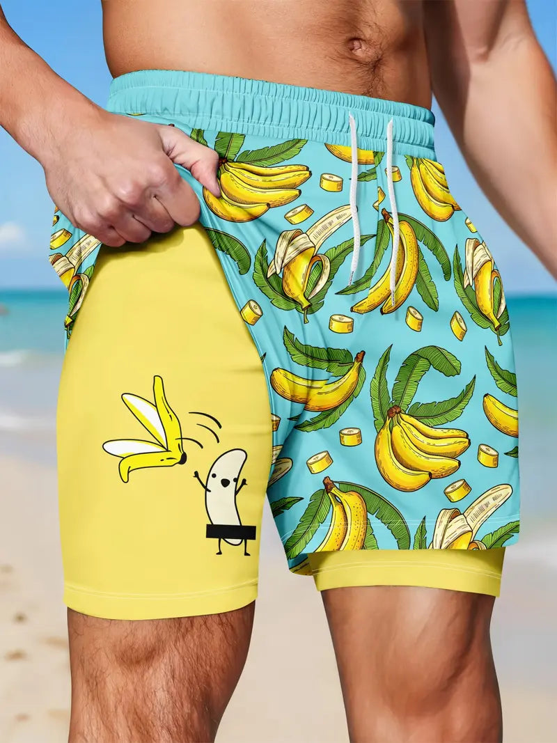 Unisex Banana Print Double-Layer Beach Shorts