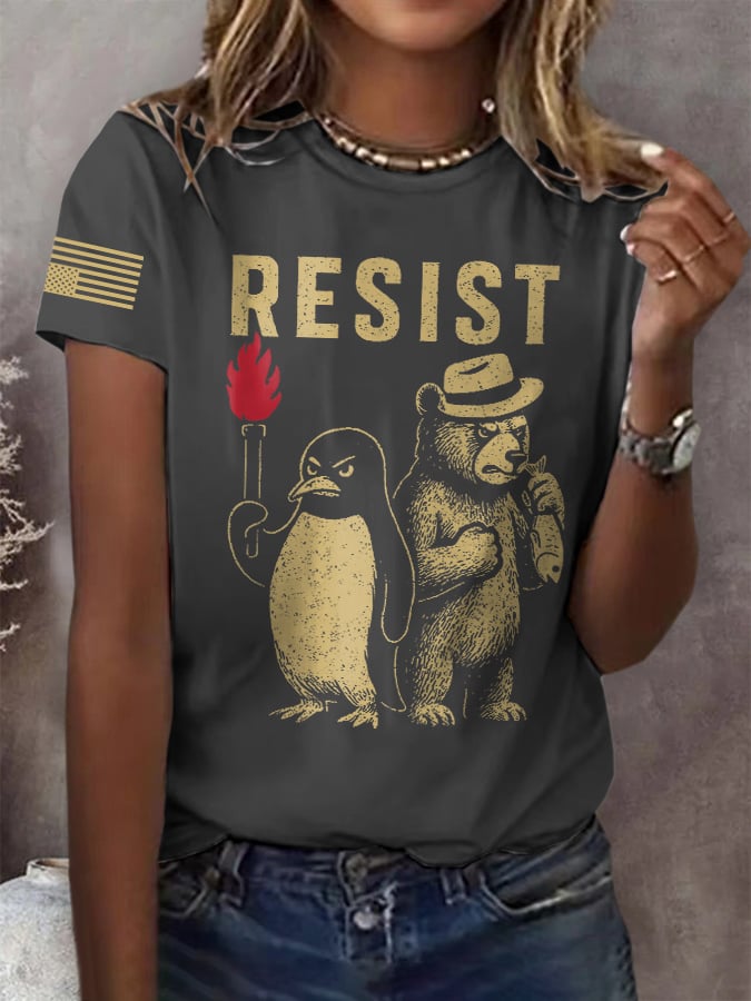 Retro Bear And Penguin Resist Print T-Shirt
