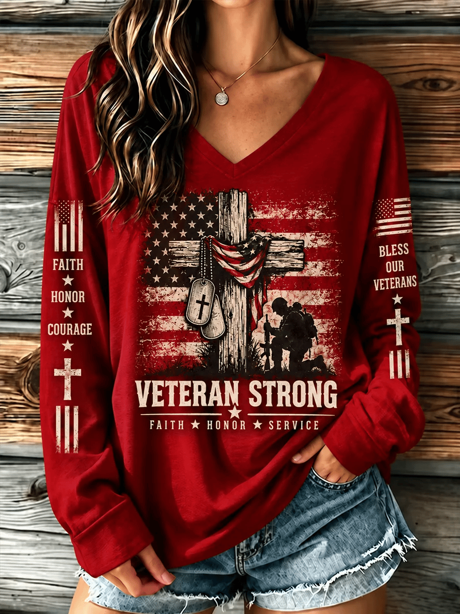 🎖️Women's U.S. Veterans Day Veteran Faith Art Print Casual Long-Sleeve T-Shirt