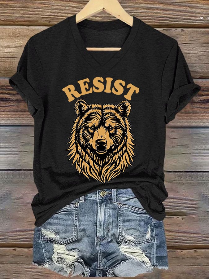 Women's Resist Bear Printed V Neck T-shirt