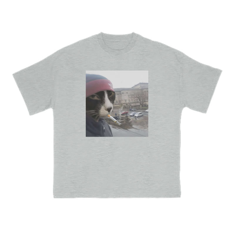 Unisex Smoking Street Style Cat Print T-shirt