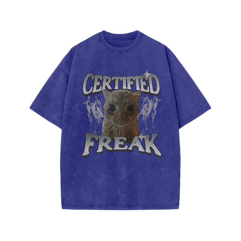 Unisex Certified Freak Funny Cat Print Acid Washed T-shirt