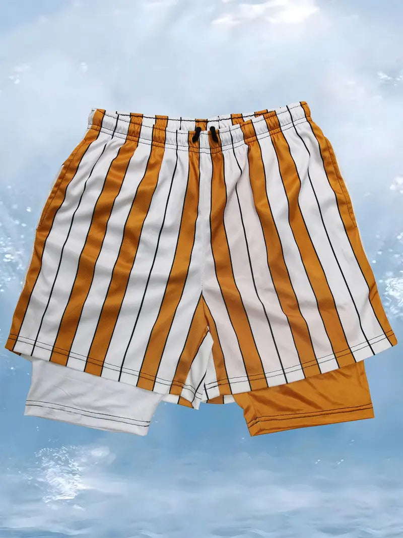 Unisex Colorblock & Cartoon Print Drawstring Waist 2-in-1 Sports Shorts