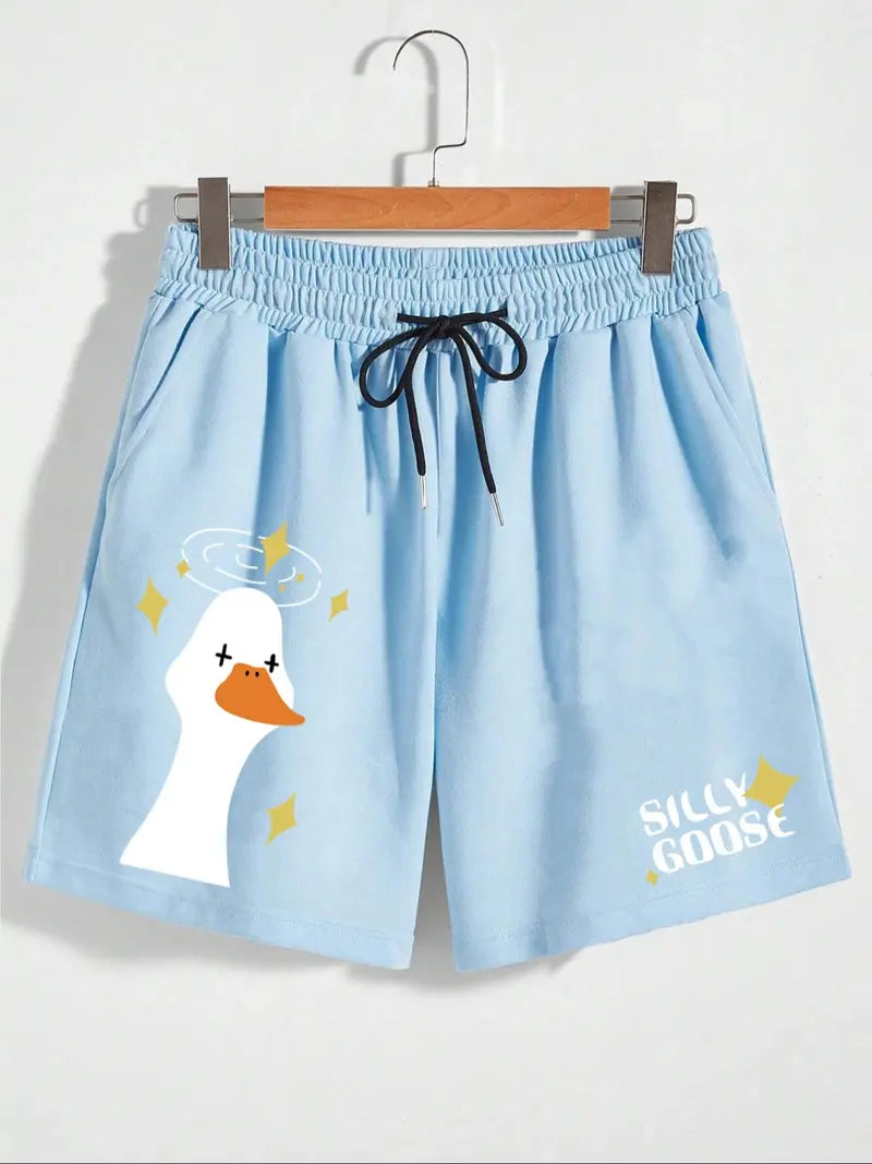 Unisex Cartoon Goose & Letter Print Drawstring Shorts