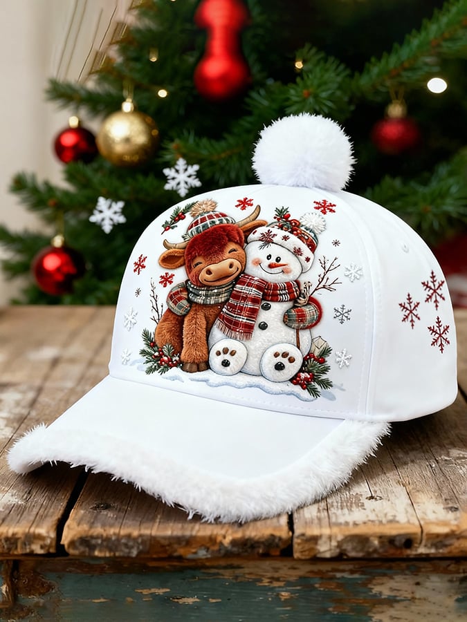 Cute Animal Print Baseball Cap Featuring A Highland Cow And A Snowman