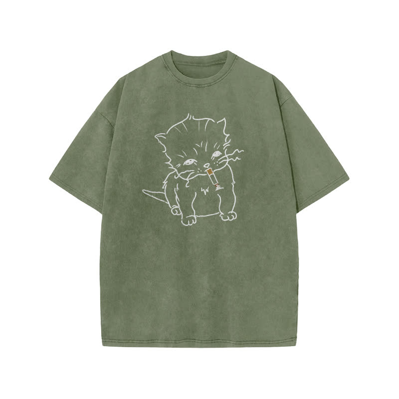 Unisex Smoking Cat Print Acid Washed T-shirt