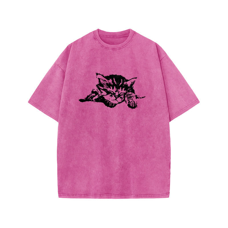 Unisex Quiet Sleeping Cat Print Acid Washed T-shirt