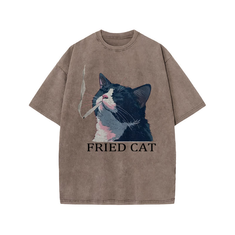 Unisex Fried Cat Print Acid Washed T-shirt