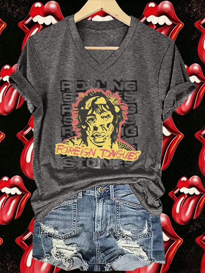 Women's V-Neck Retro Foreign Tongues Print T-shirt