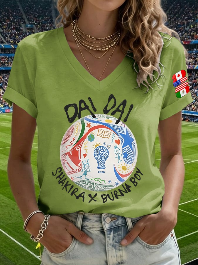 V-Neck Retro Dai Dai Print T-Shirt