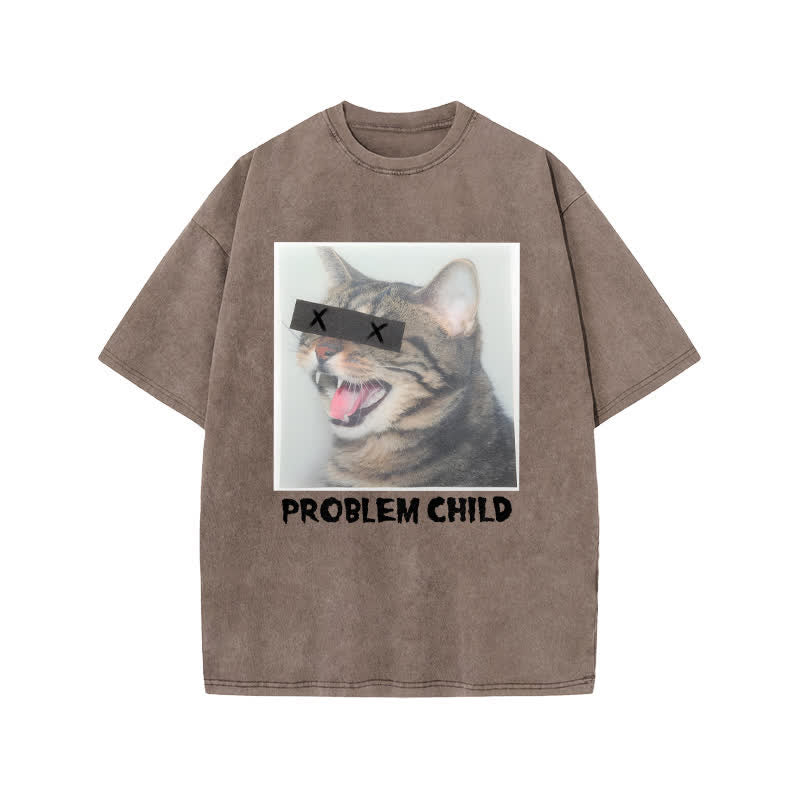 Unisex Problem Cat Art Print Acid Washed T-shirt