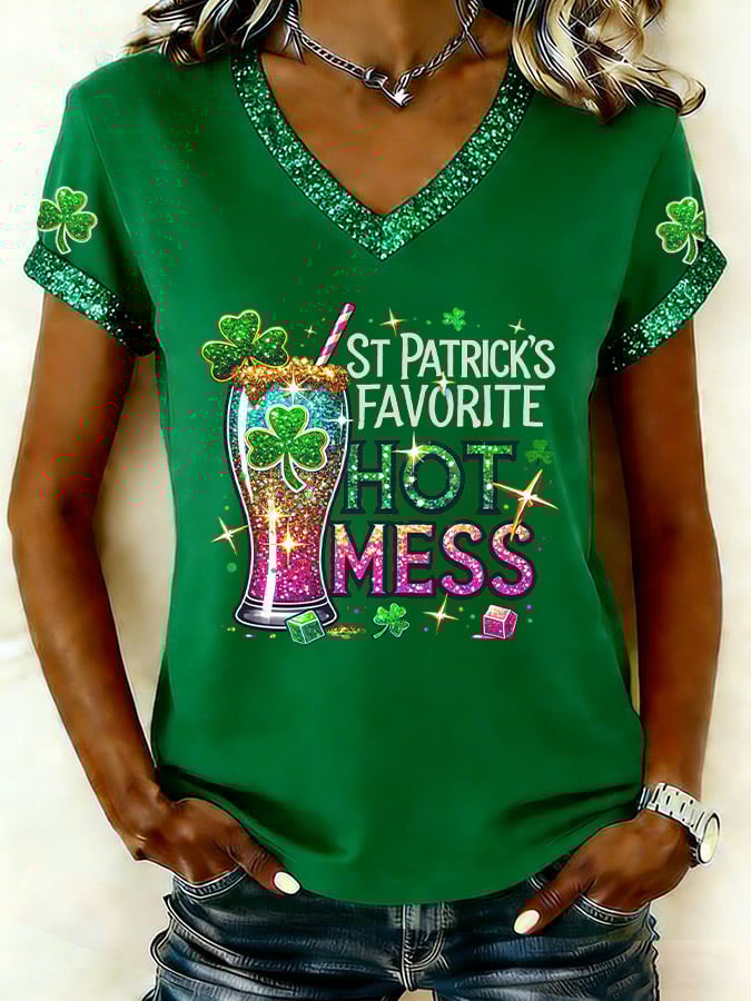 Women's St Patrick’s Hot Mess Print V Neck T-shirt
