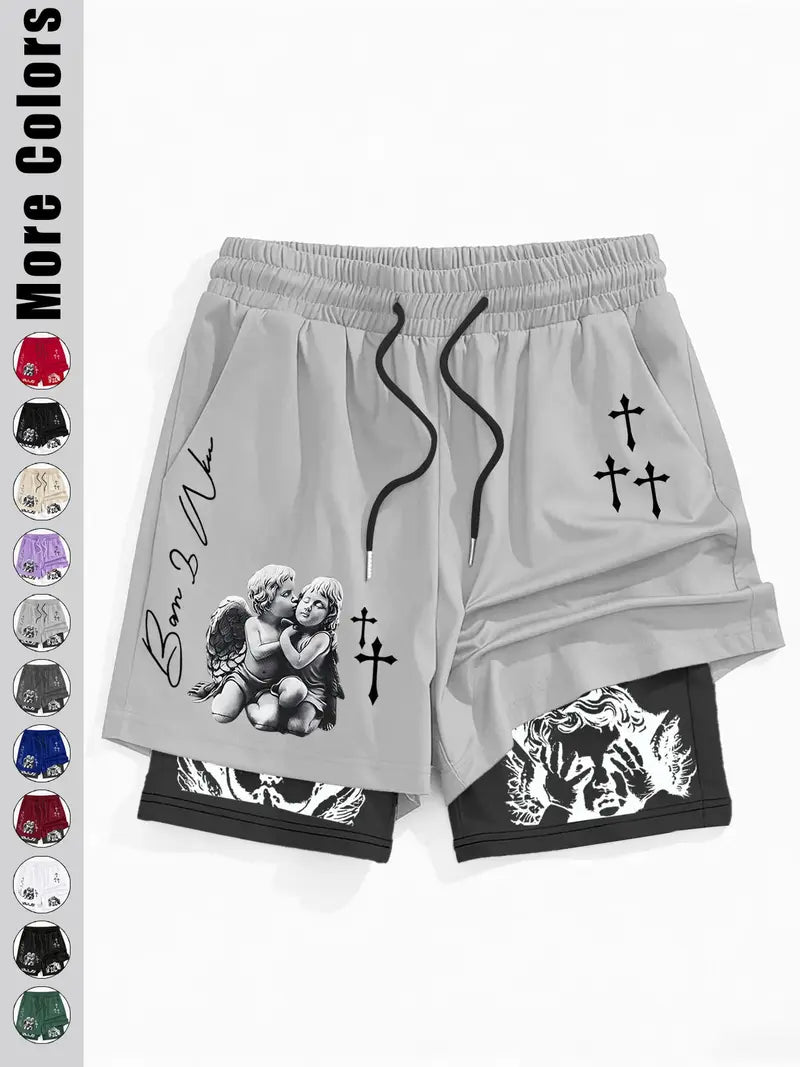Unisex Angel Cross Print Double Layer Shorts