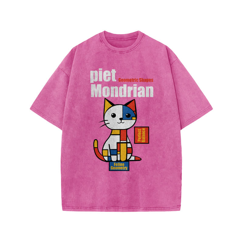 Unisex Geometric Shapes Cat Print Acid Washed T-shirt
