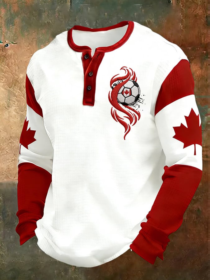 Men's Vintage Canada Soccer Printed Casual Henley Shirt