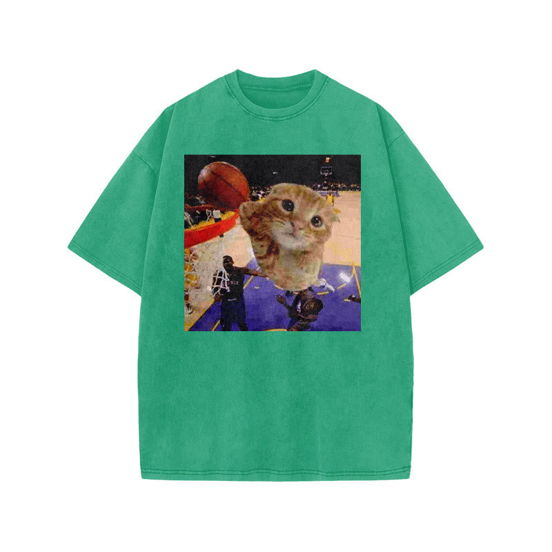 Orange Cats Playing Basketball Print Acid Washed T-shirt