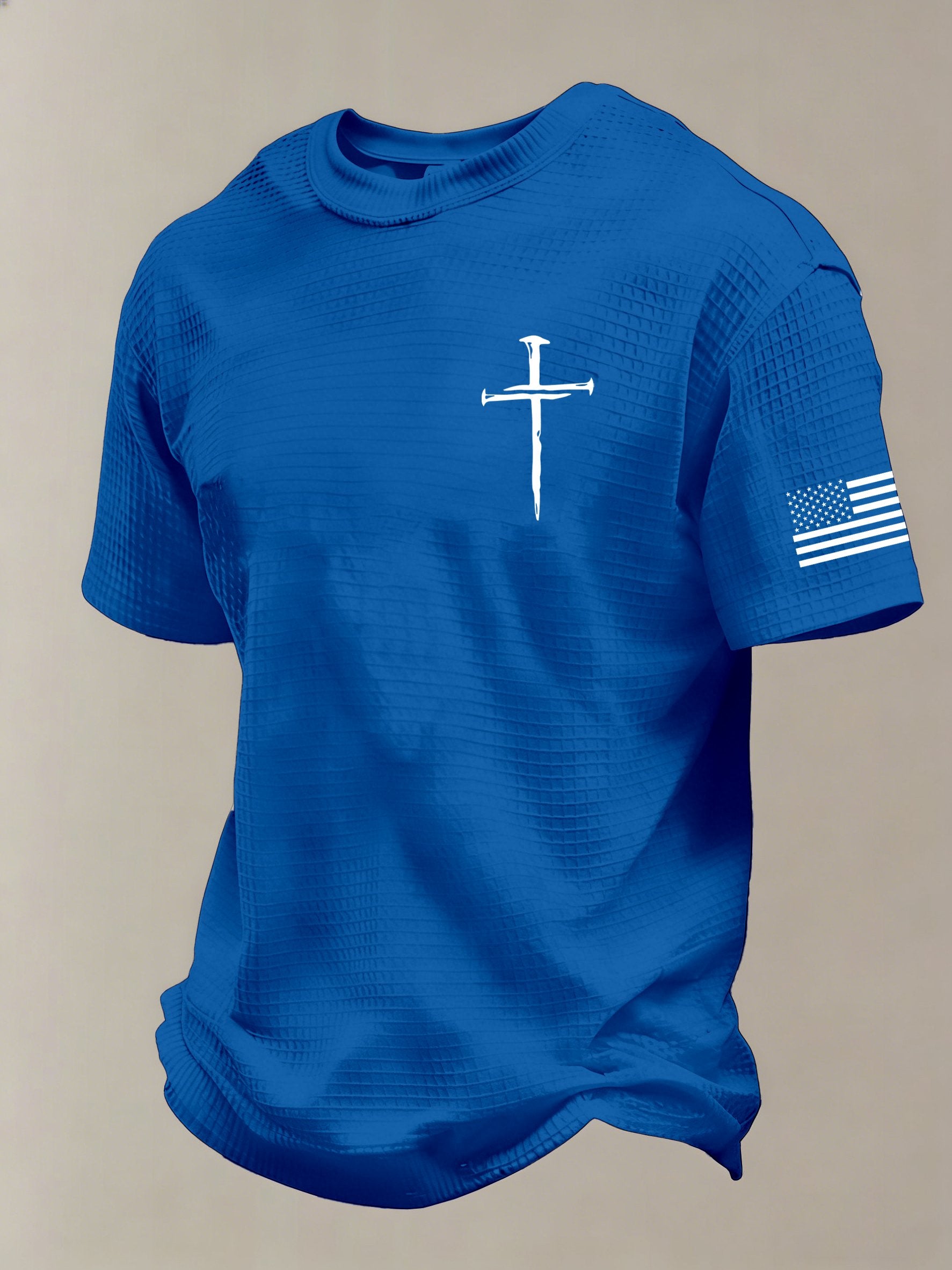 Men'S Vintage Faith Cross Flag Print Waffle-Knit Fabric T-Shirt