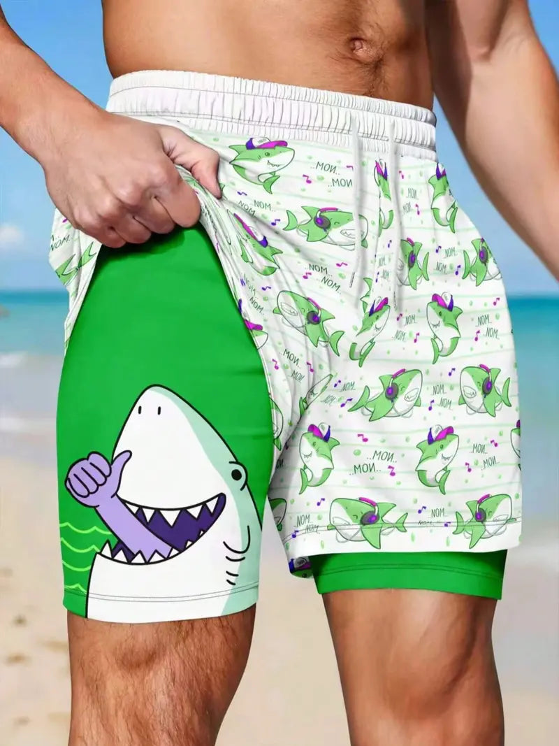Unisex Funny Cartoon Shark Music Note Print Quick Dry Stretch Short Pants