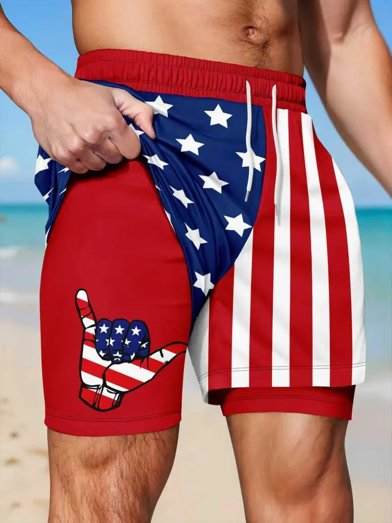 Unisex 2-in-1 American Flag Print Beach Shorts