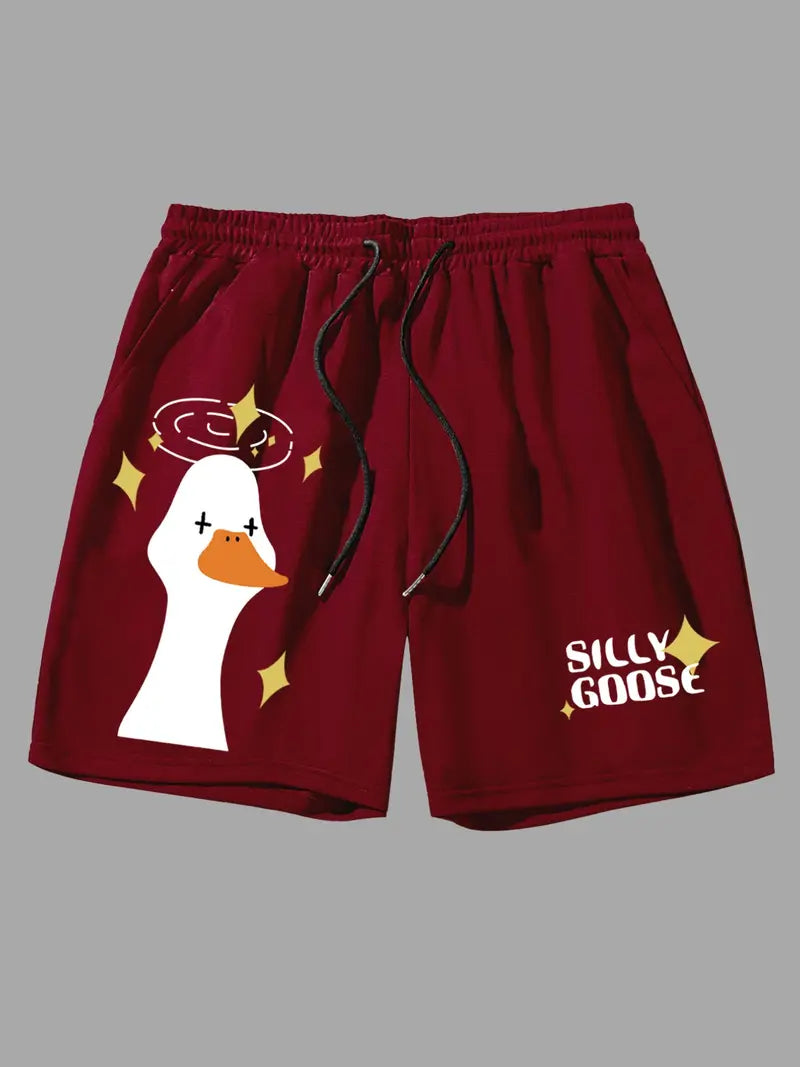 Unisex Cartoon Goose & Letter Print Drawstring Shorts
