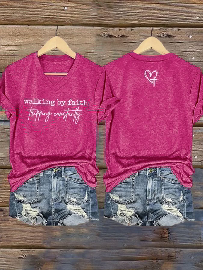 Women's Walking By Faith Tripping Constantly  Print T-Shirt