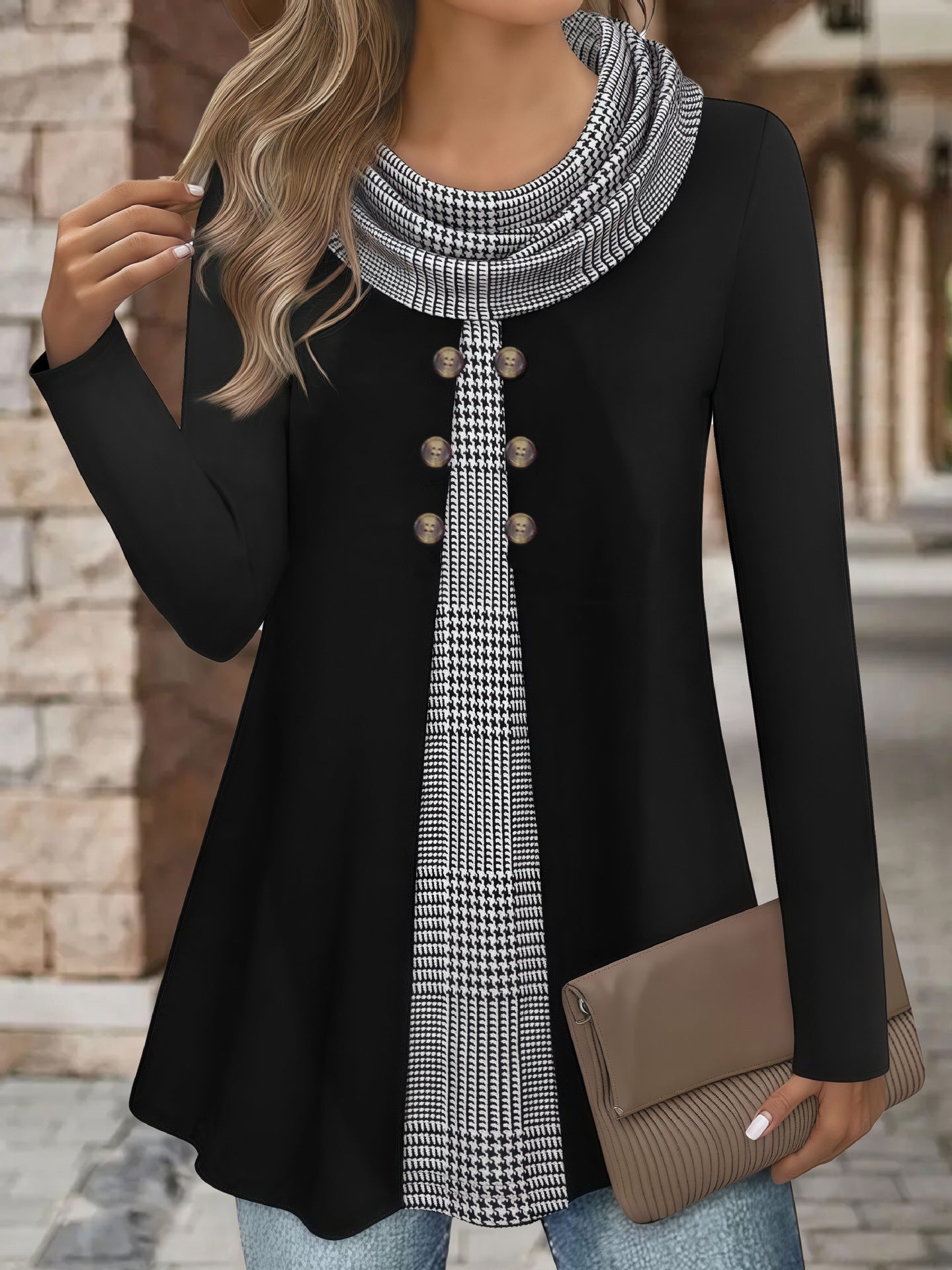 Faux two-piece design, buttoned, comfortable high-neck women's sweatshirt