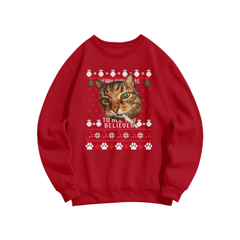 A Domineering Smoking Cat Christmas Print Sweatshirt