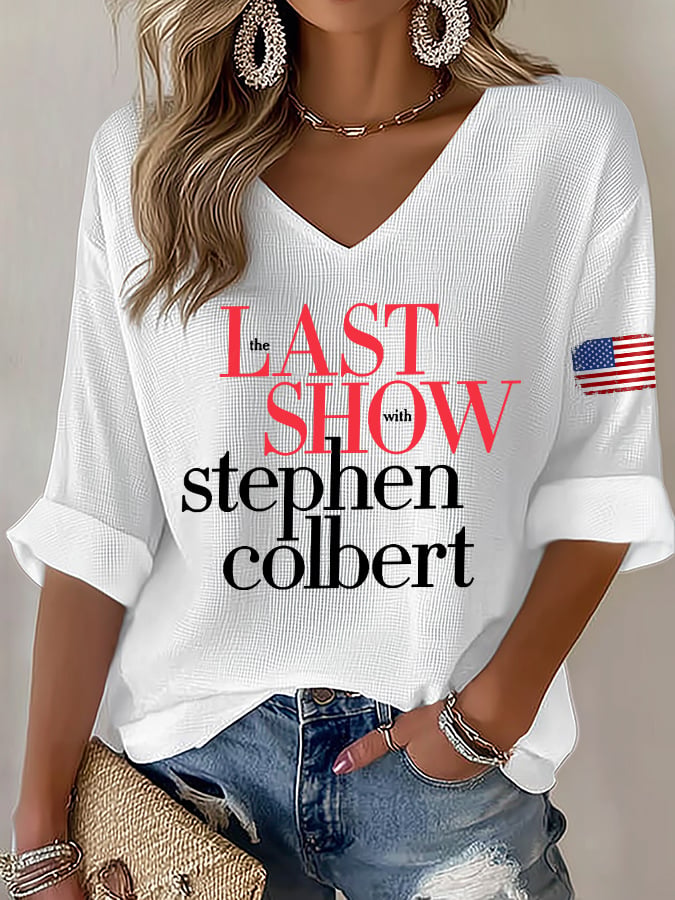V-Neck Retro Last Show Print T-Shirt