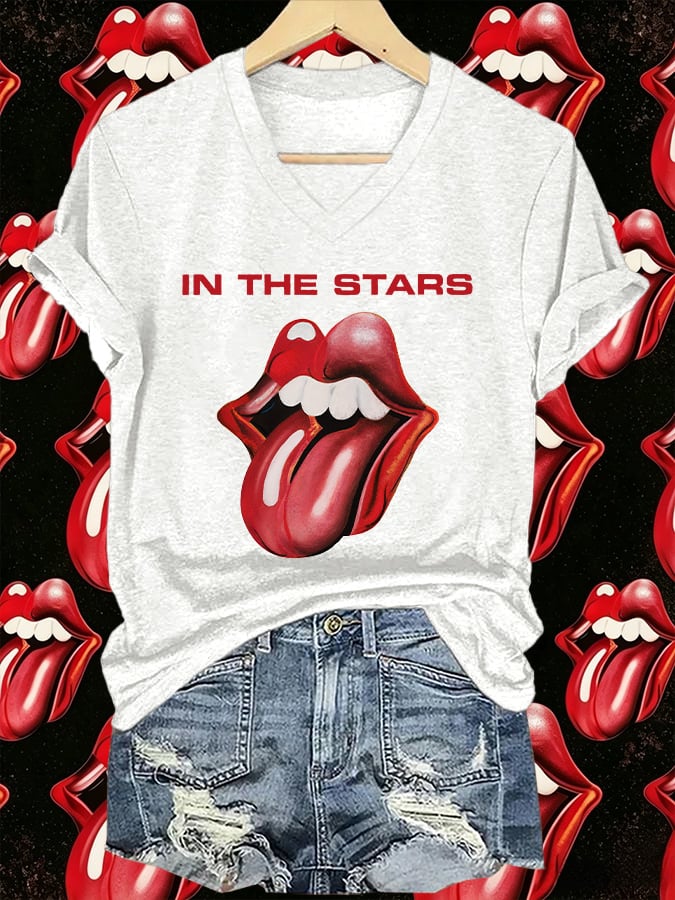 Women's V-Neck Retro Foreign Tongues Print T-shirt