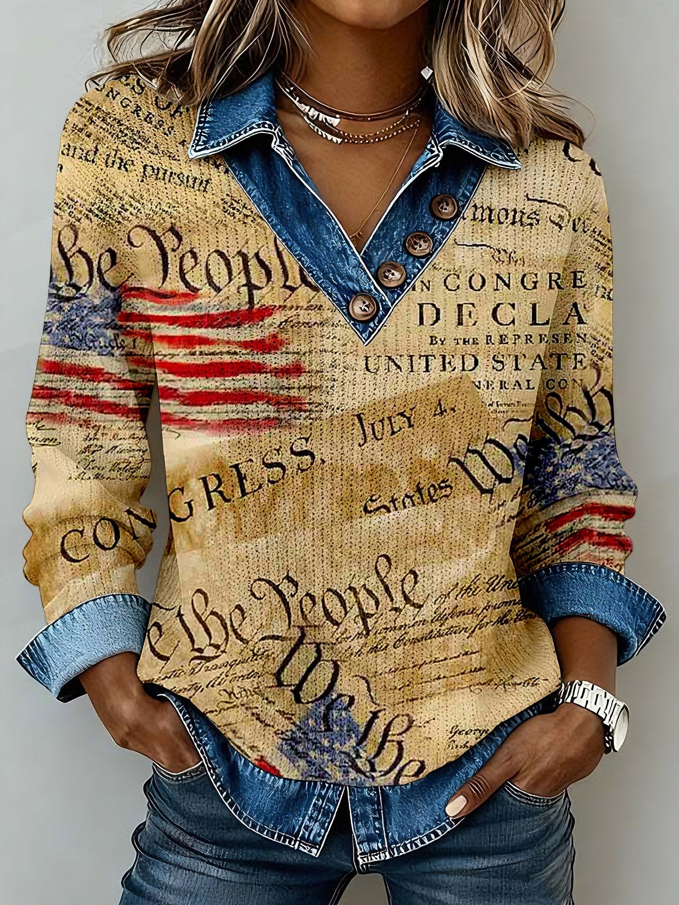 Women's 250th Anniversary National Flag Print Button Design Knit Sweatshirt