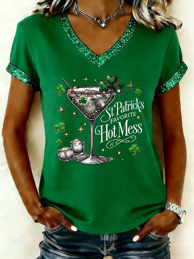 Women's St Patrick’s Hot Mess Print V Neck T-shirt