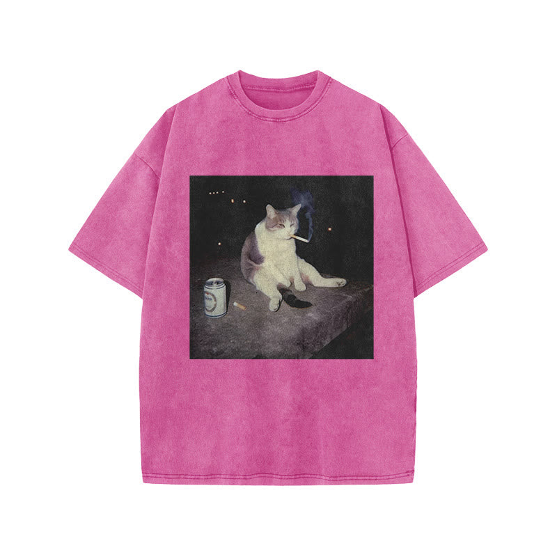 Unisex Smoking Decadent Cat Print Acid Washed T-shirt