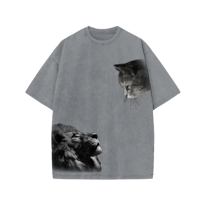 Unisex 100% Cotton Lion And Cat Print Acid Washed T-shirt
