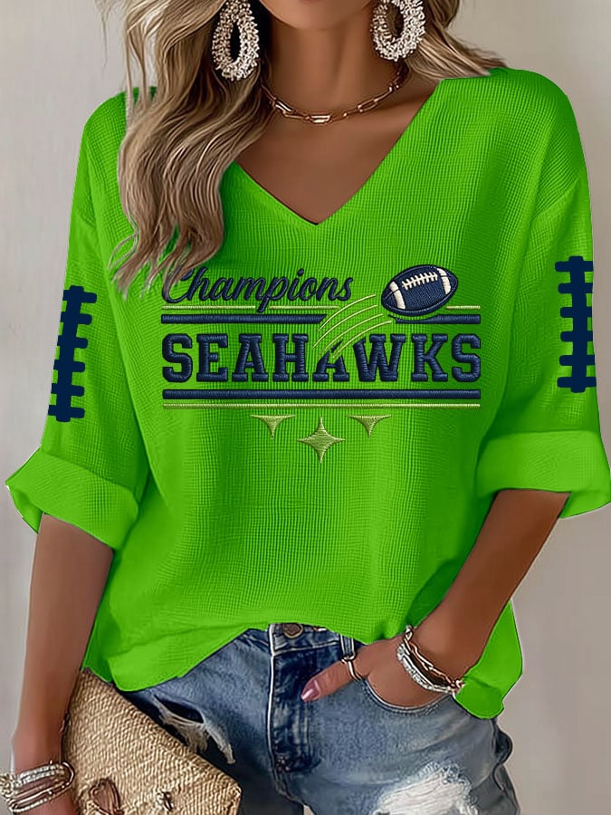 Women's Football Print Waffle Long Sleeve T-Shirt