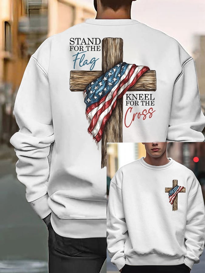 Men's Stand For The Flag Kneel For The Cross Print Casual Sweatshirt