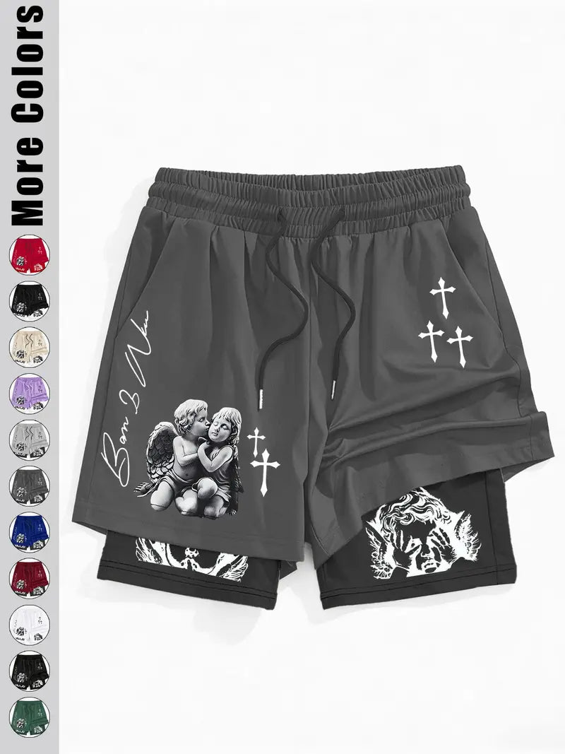 Unisex Angel Cross Print Double Layer Shorts
