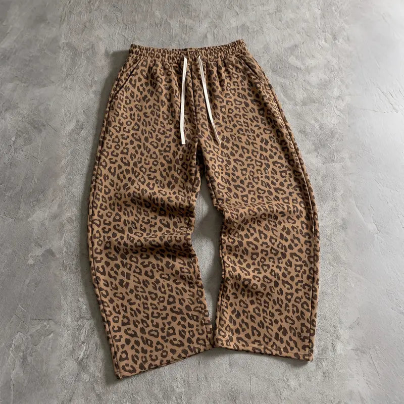 🐆 Unisex Retro Leopard Print Wide-Leg Pants – Loose Fit Drawstring Trousers with Elastic Waistband 🔥