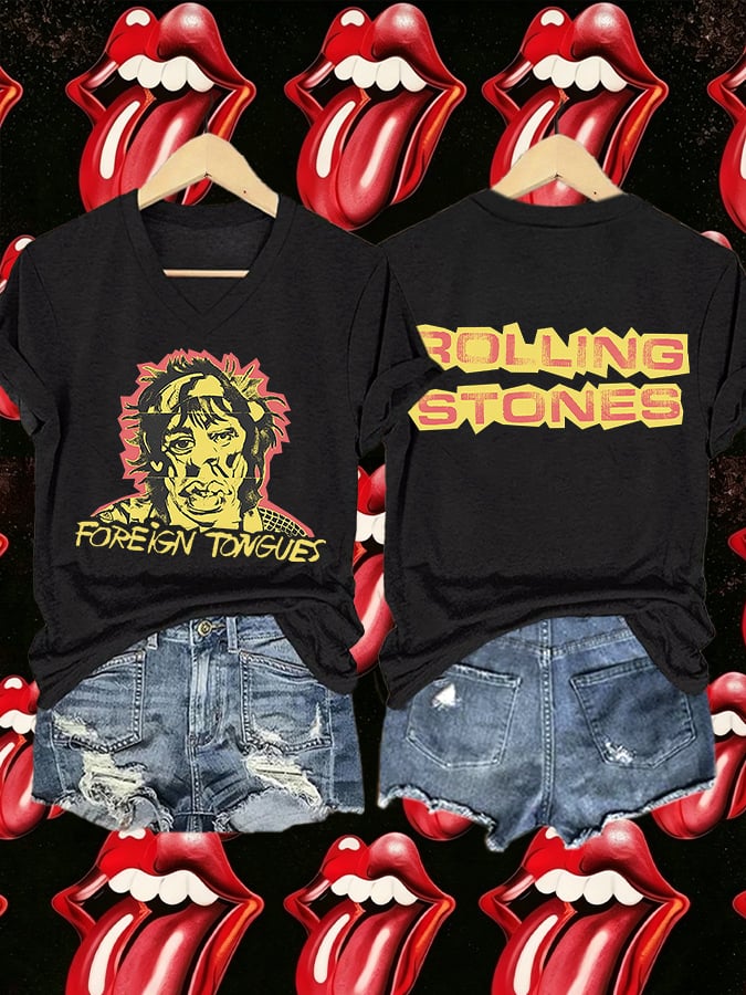Women's V-Neck Retro Foreign Tongues Print T-shirt