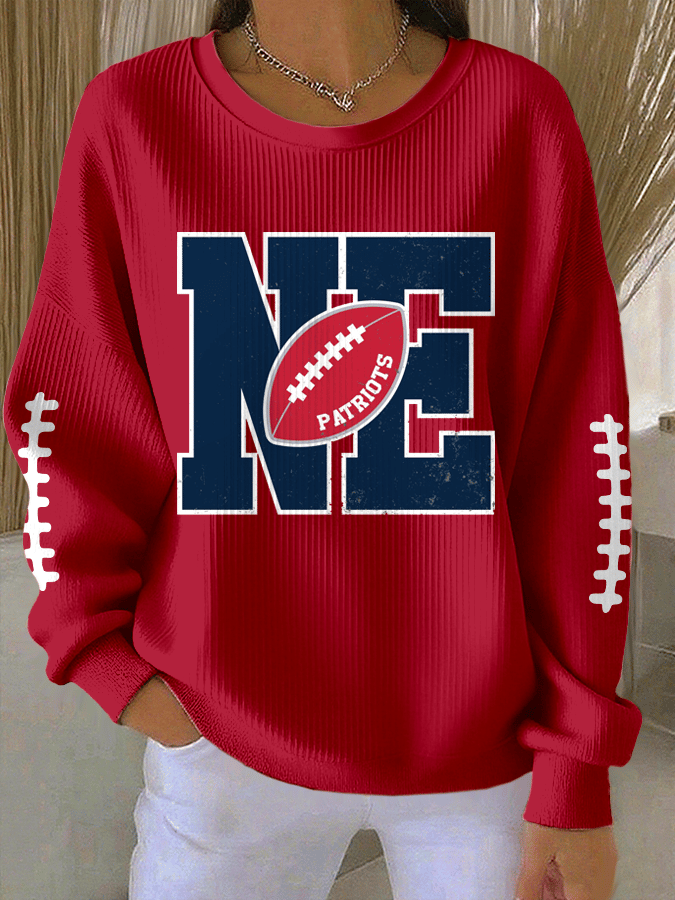 Women's Football Print Knit Crew Neck Long Sleeve Top