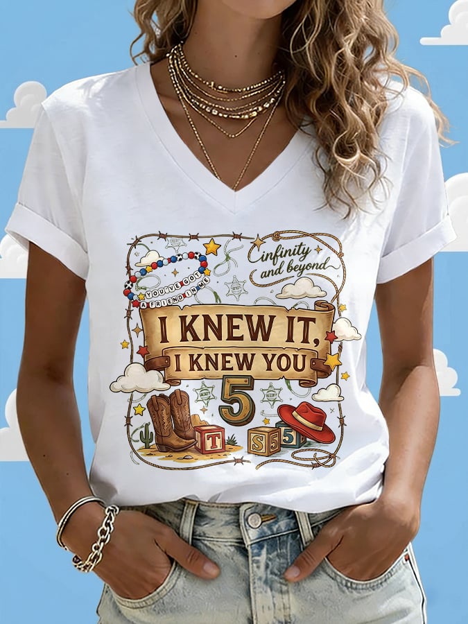 V-Neck Retro I Knew It Print T-Shirt