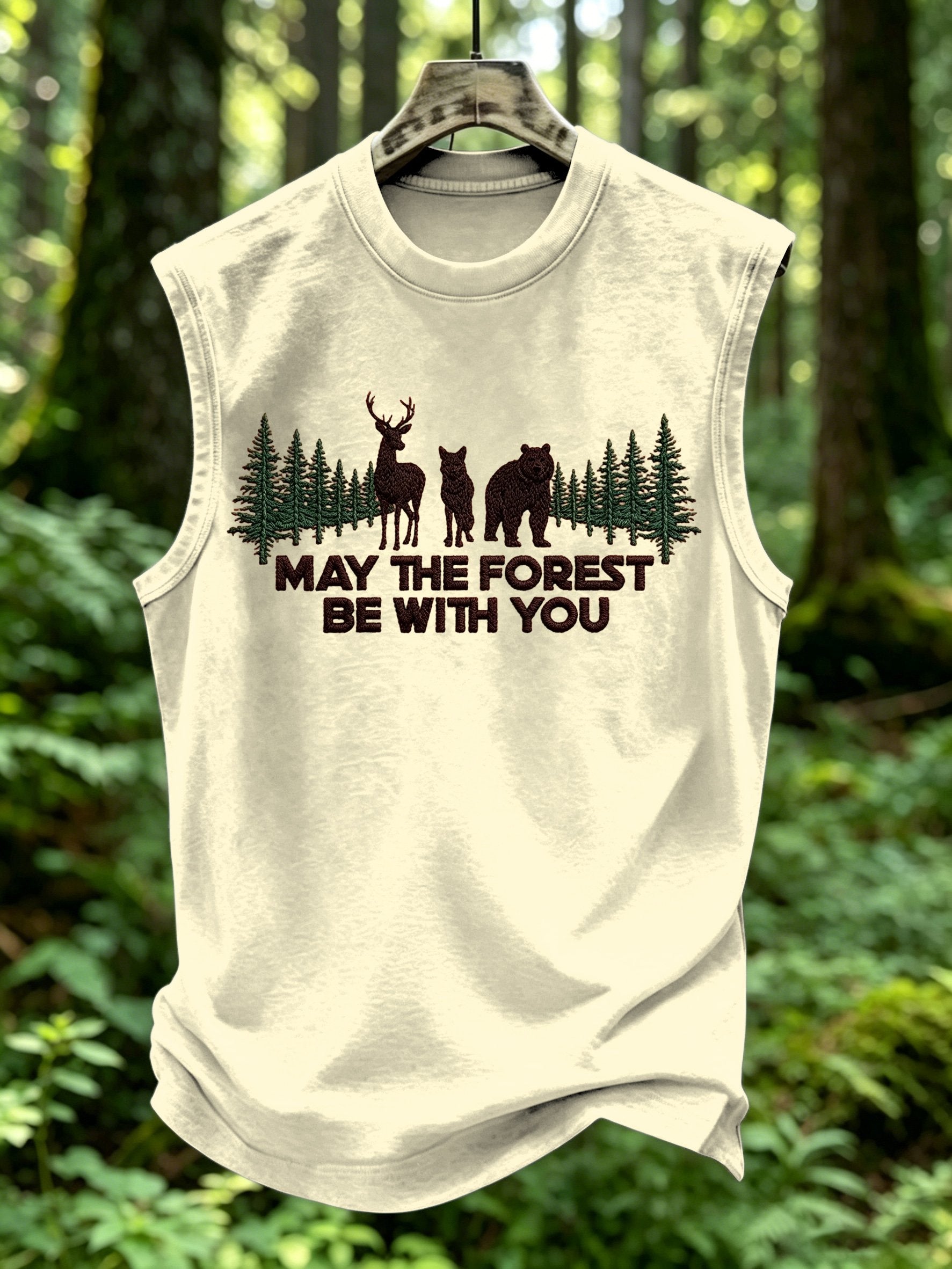 Men's Retro May The Forest Be With You Print Round Neck Vest
